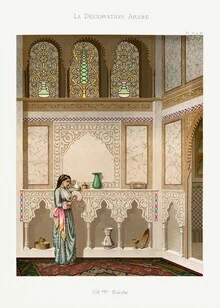 Vintage arabesque illustration in living room style, vibrant colors and fine details.