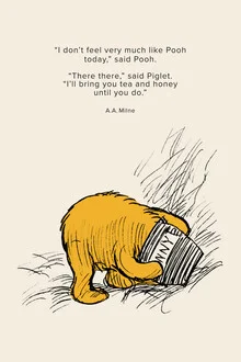 Illustrated scene of Winnie the Pooh enjoying tea and honey in a cozy setting