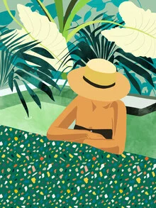 Illustration by Uma Gokhale: relaxed girl in swimsuit under palm trees
