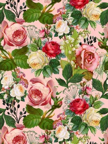 Wall art featuring floral elements: delicate roses and leaves in soft colors.