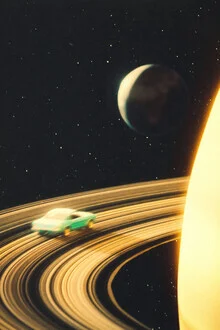 Illustration by Taudalpoi: surreal Saturn highway with cars in outer space.