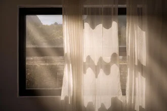 Photo art by AJ Schokora: serene summer landscape with a window view