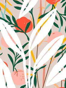 Abstract illustration featuring pastel plant shapes in soft blush tones.