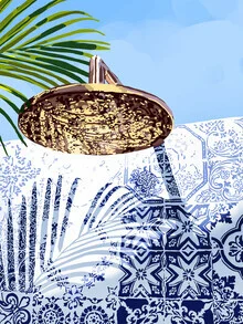 Wall art depicting a tropical shower scene in soft colors.