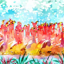 Wall art by Uma Gokhale: colorful flamingos in a tropical jungle