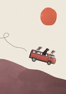 Wall art featuring a colorful, playful illustration of dogs in a camper.