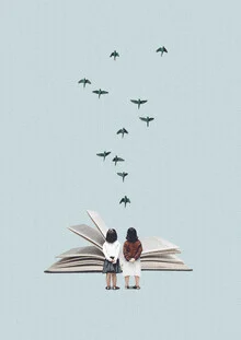 Illustration by Maarten Leon: birds communicate in a surreal collage