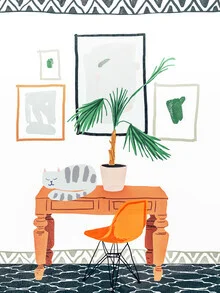 Wall art by Uma Gokhale: a sleeping cat on a colorful rug