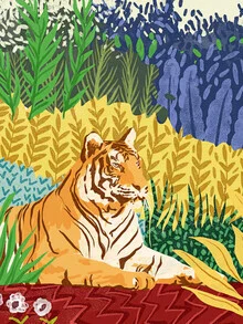 Illustration by Uma Gokhale: tigress in a tropical garden with plants and trees.