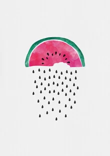 Wall art featuring watermelon and clouds, cheerful colors, playful mood.