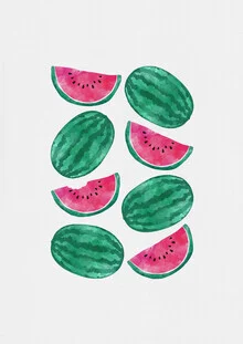 Illustration of a cheerful crowd of watermelons in soft colors