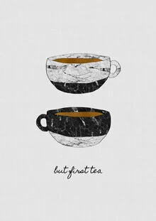 Wall art featuring modern tea cups and a quote about tea in soft colors.