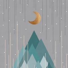 Wall art by Orara Studio: geometric depiction of moon and mountains in soft mint hues