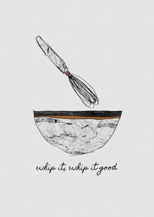 Illustration of a whisk in a bowl on a marble surface in a kitchen setting