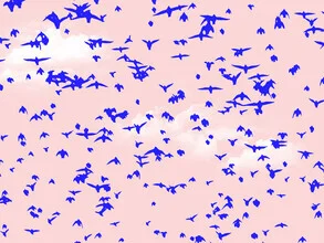 Photo art by Uma Gokhale: Birds in soft colors against a cloudy sky scene.