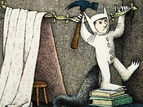 Illustrated scene with wild things, creating a nostalgic atmosphere.