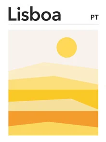 Wall art featuring a stylized depiction of Lisbon, warm colors, and urban vibes.