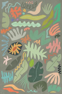 Colorful photo art featuring botanical elements and playful shapes.