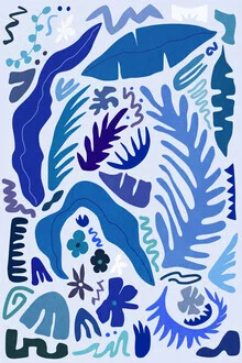 Photo art featuring colorful plant shapes in a garden with blue accents.