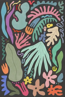 Wandbild mit bunten, abstrakten Formen und Pflanzenmotiven von Amini 54