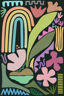 Illustration von Amini 54: farbenfrohe Collage mit Regenbogen und botanischen Elementen