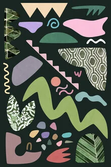 Illustration von Amini 54: verspielte Collage mit tropischen Pflanzen und geometrischen Formen