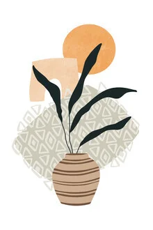 Still life featuring tropical plants in an elegant terracotta vase