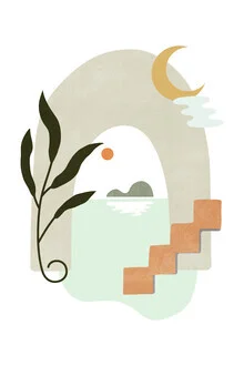 Wandbild mit tropischer Villa, sanften Pastellfarben und botanischen Elementen.