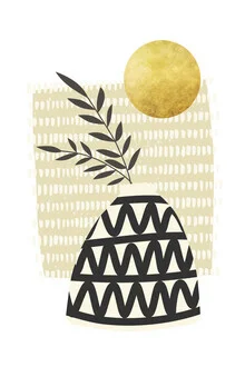 Photo art featuring tropical leaves in a patterned vase against a light background.