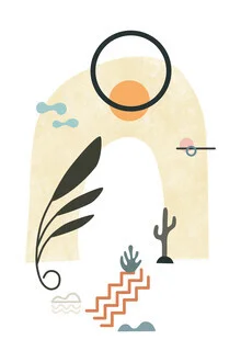 Illustration of a tropical villa with botanical patterns and soft colors.