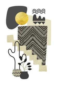 Illustration of a tropical villa with organic shapes and plant motifs.