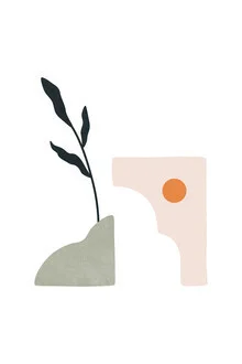 Illustration by Amini 54: tropical plants and shapes in soft colors.