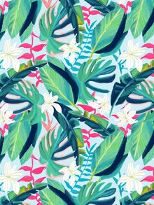 Photo art featuring tropical patterns: monstera and banana leaves in soft green tones.