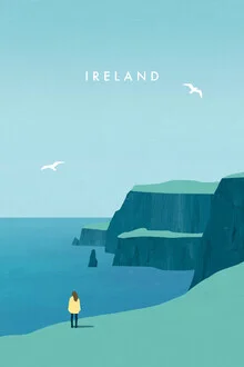 Illustration by Katinka Reinke: serene coastal landscape with sea gulls and ocean.