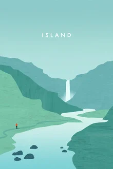 Illustration by Katinka Reinke: landscape featuring a waterfall and mountains in Iceland