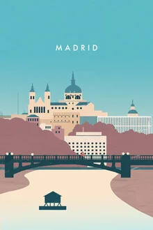 Illustration of a Madrid cityscape featuring the river and Almudena Cathedral