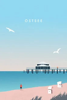 Wandbild von Katinka Reinke: maritime Szene mit Düne und Möwe am Ostseestrand
