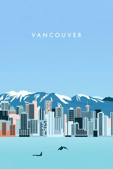 Wall art by Katinka Reinke: colorful city view of Vancouver with mountains in the background