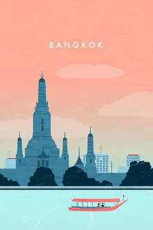Illustration von Katinka Reinke: Stadtansicht von Bangkok mit Tempeln und Booten