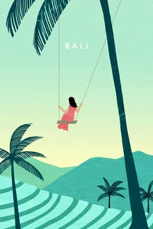 Wall art by Katinka Reinke: colorful depiction of rice fields in Bali with palm trees