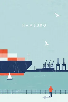 Wall art by Katinka Reinke: colorful illustration of Hamburg's harbor with seagulls.