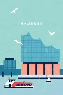 Illustration by Katinka Reinke: maritime scene with seagulls over Hamburg harbour