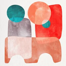 Abstract wall art featuring geometric shapes in blue, gray, and red