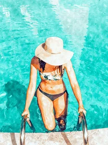Illustration of a woman in stylish swimwear at a pool with gentle waves in the background