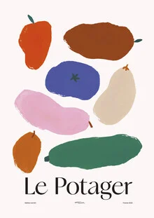 Wall art featuring colorful vegetable illustrations and a French phrase by Matías Larraín