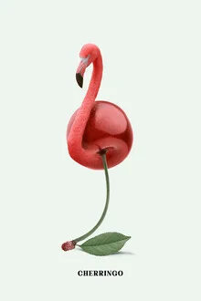Wall art by Jonas Loose: playful flamingo with cherries in pop art style