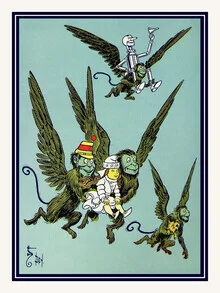 Vintage illustration: monkeys embrace Dorothy and fly away with her.