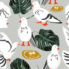 Illustration by Uma Gokhale: playful white doves in a tropical setting