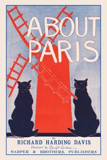 Illustration about Paris featuring cats and the Moulin Rouge in a vintage style.