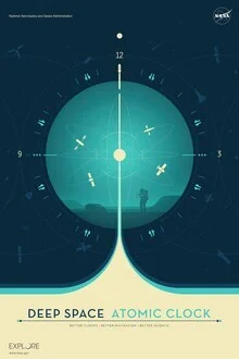 Illustration of a deep space atomic clock in calming blue.
